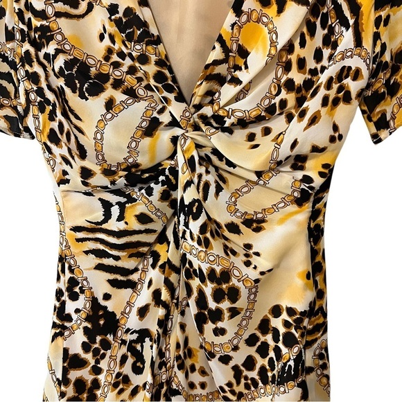 Rebecca Minkoff Silk Knotted V Neck Short Sleeve Mini Dress 2 Animal Novelty - Picture 2 of 14